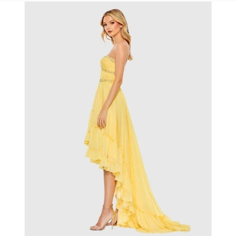 NWT! Mac Duggal, Strapless Beaded High Low Gown, Lemon, MSRP $498 - Picture 2 of 12